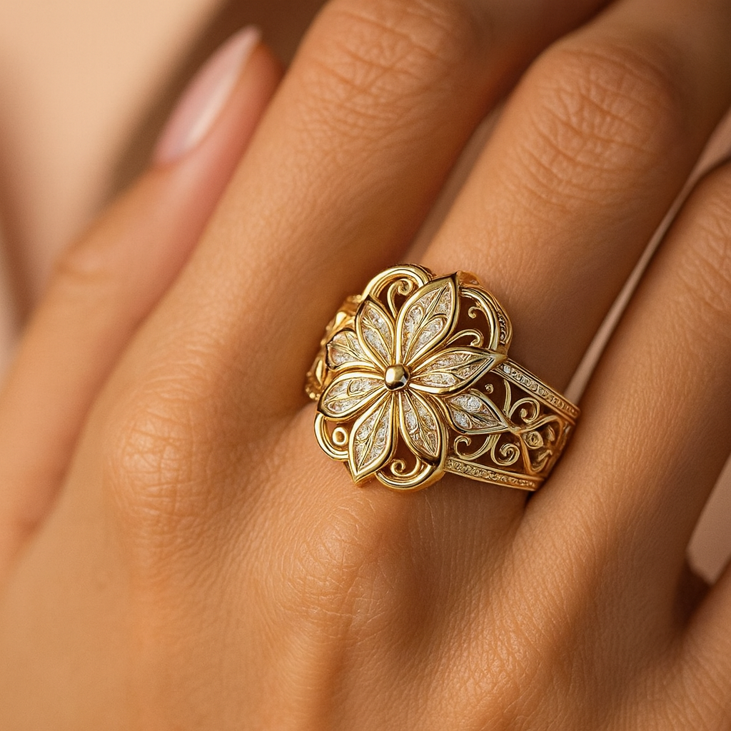 Daniela – Anello in oro con motivo floreale esotico in zircone